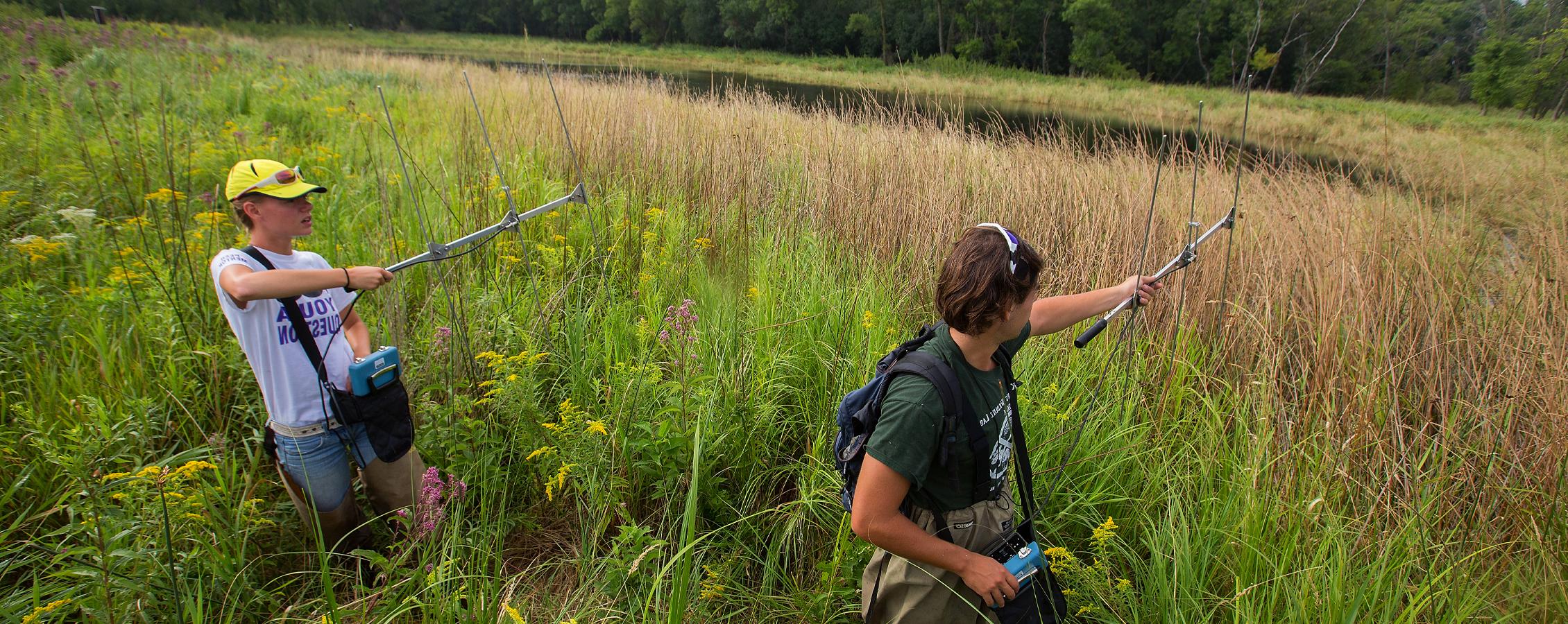 Two people walk through a field holding research devices.